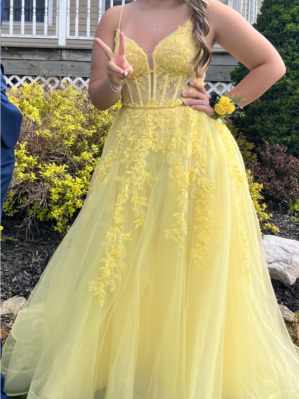 Yellow Lace Appliqué Corset Ball Gown Dress